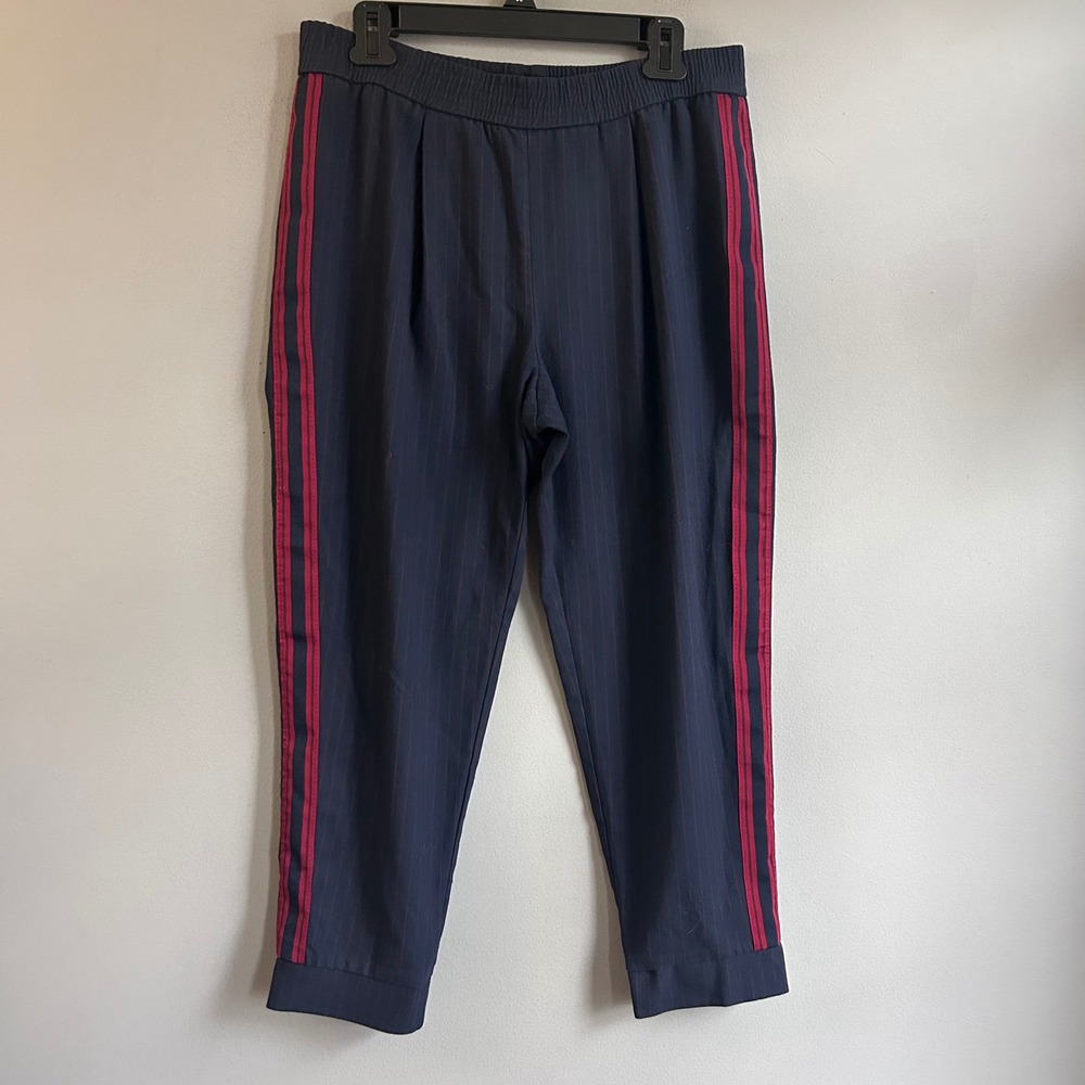 Zara Basic Navy Blue Red Pinstripe Side Stripe Tapered Jogger Pants Womens L